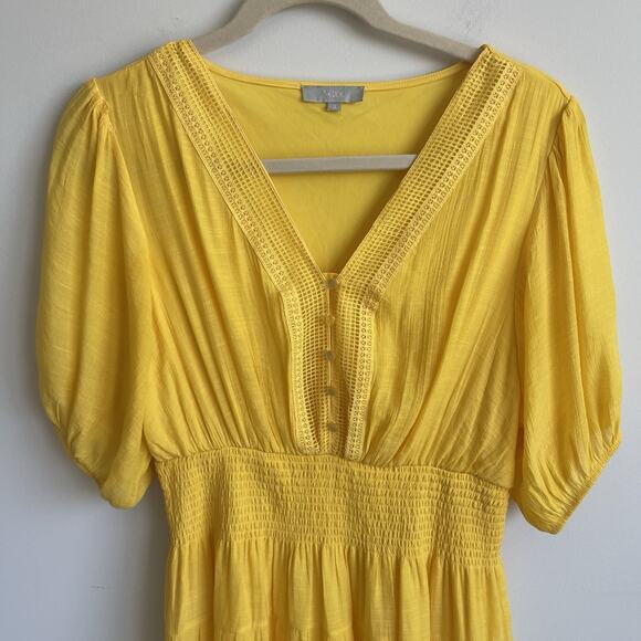 J Gee Plus Size 2X Yellow Puff Sleeves Tiered Smocked Midi Dress Resort Sundress - Picture 2 of 12